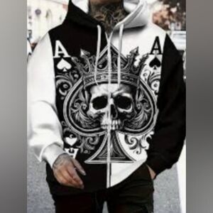 Skull Ace of Spades Black & White Lightweight Hoodie Size 2XL